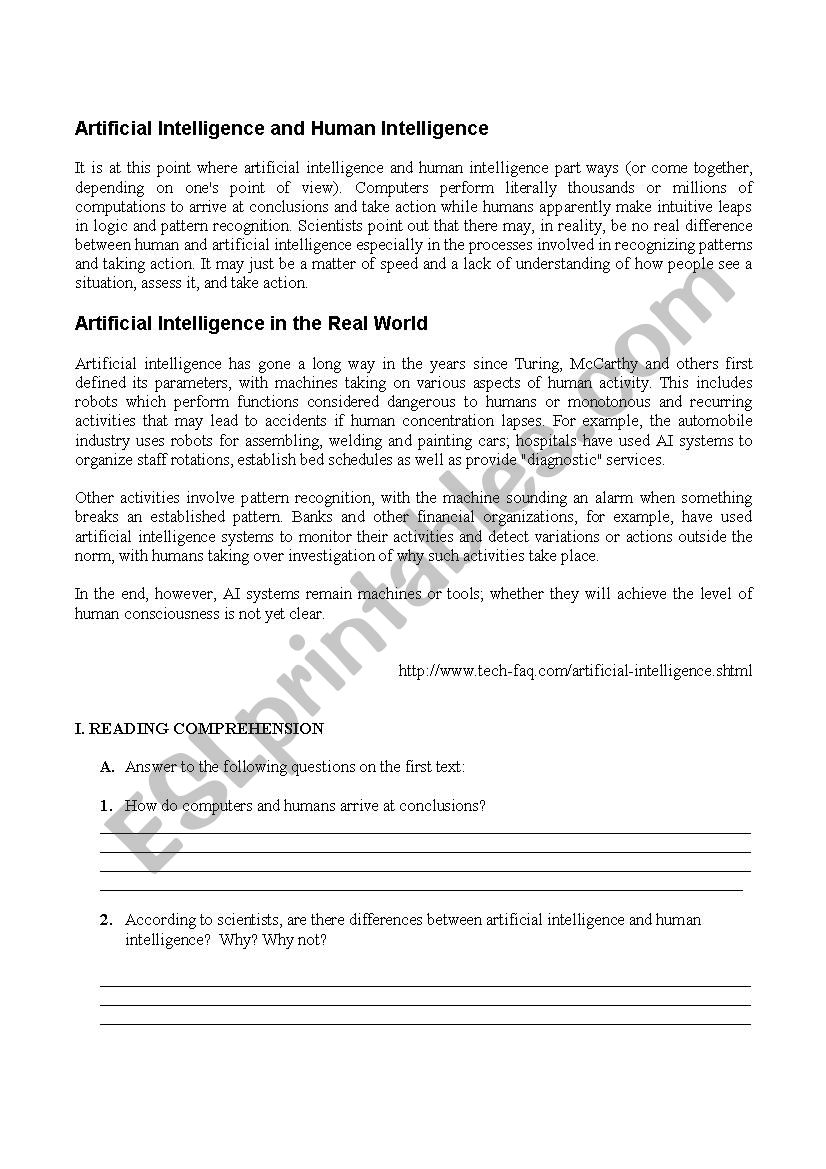 Artificial Intelligence  worksheet