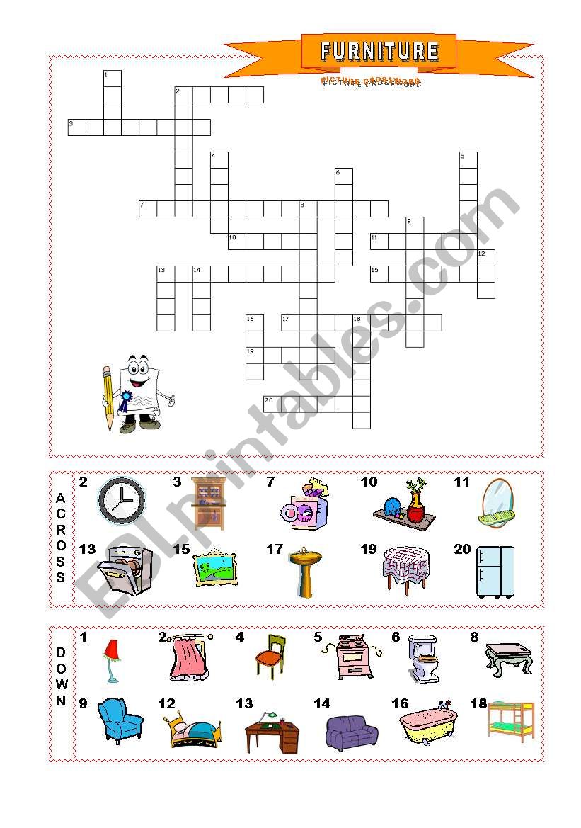 Furniture crossword worksheet