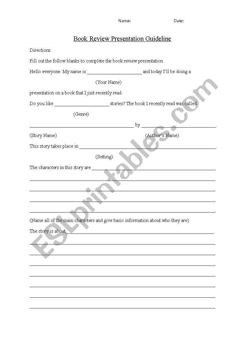 Book Review Presentation Worksheet