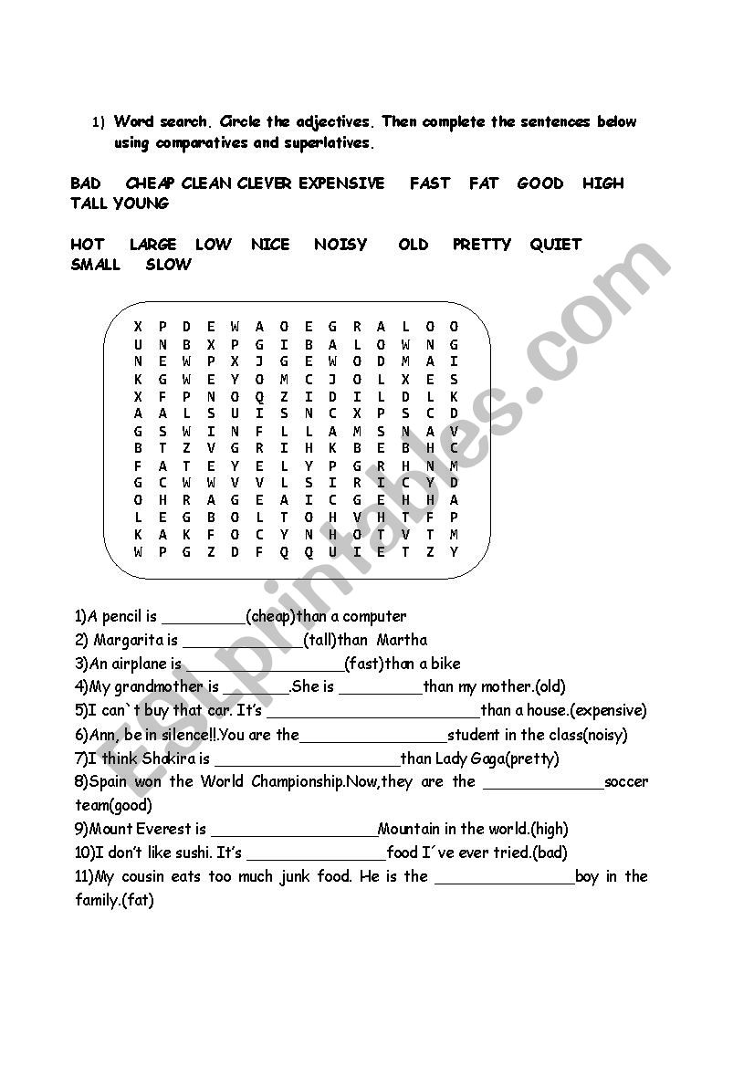 Comparatives and superlatives worksheet