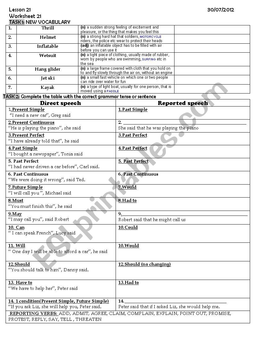 Reported Speech  worksheet