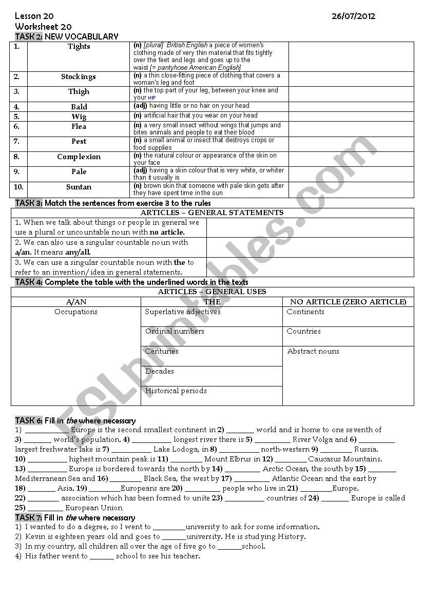Articles worksheet