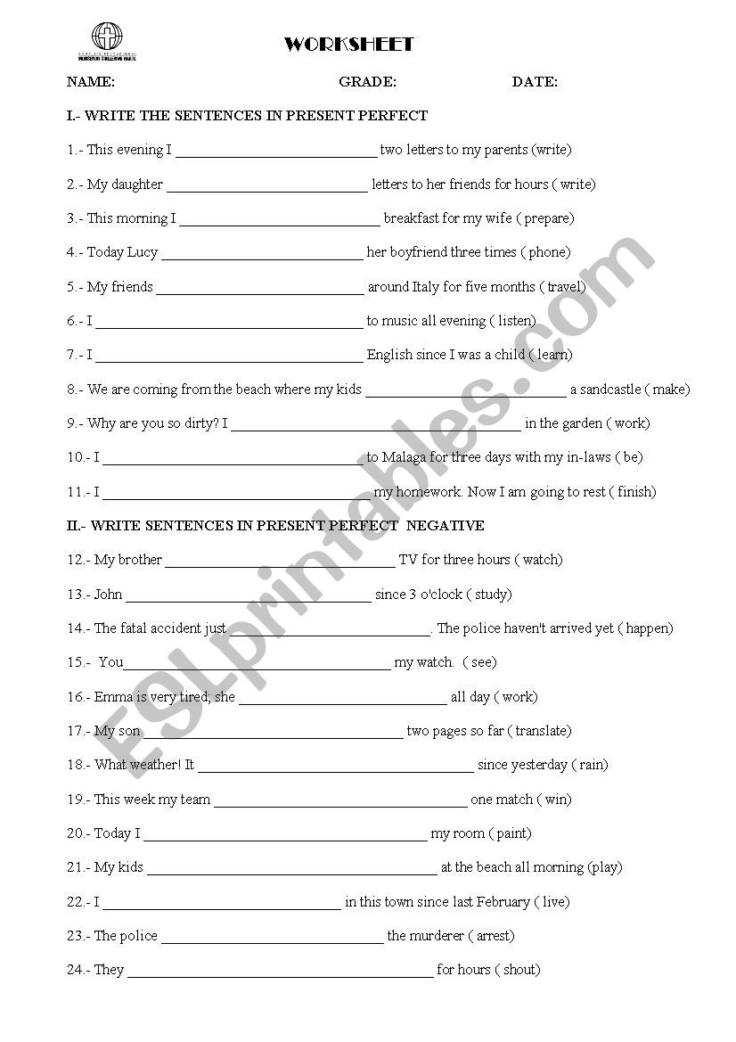 present perfect  worksheet