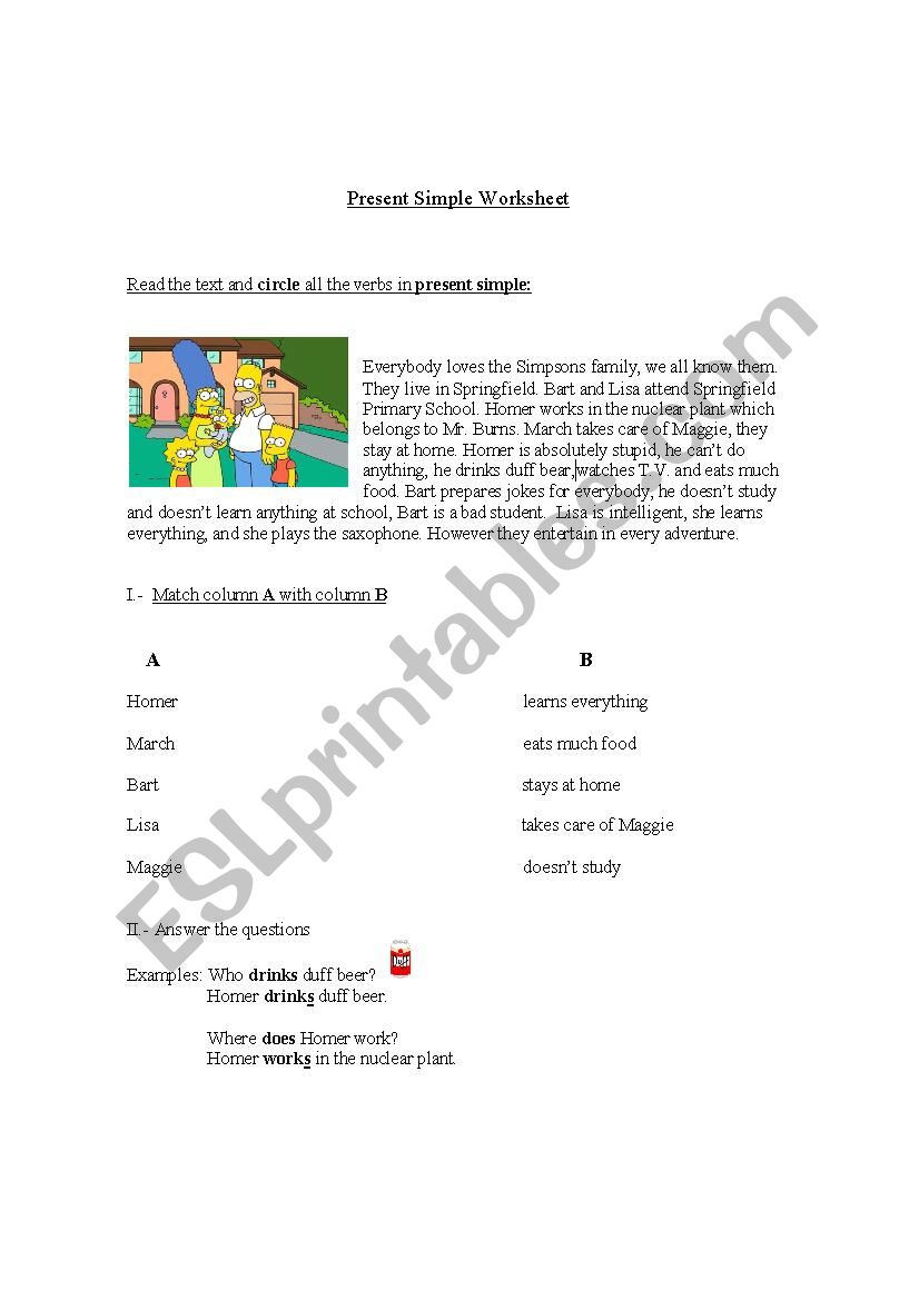 Worksheet: Present Simple reading comprehension The Simpsons