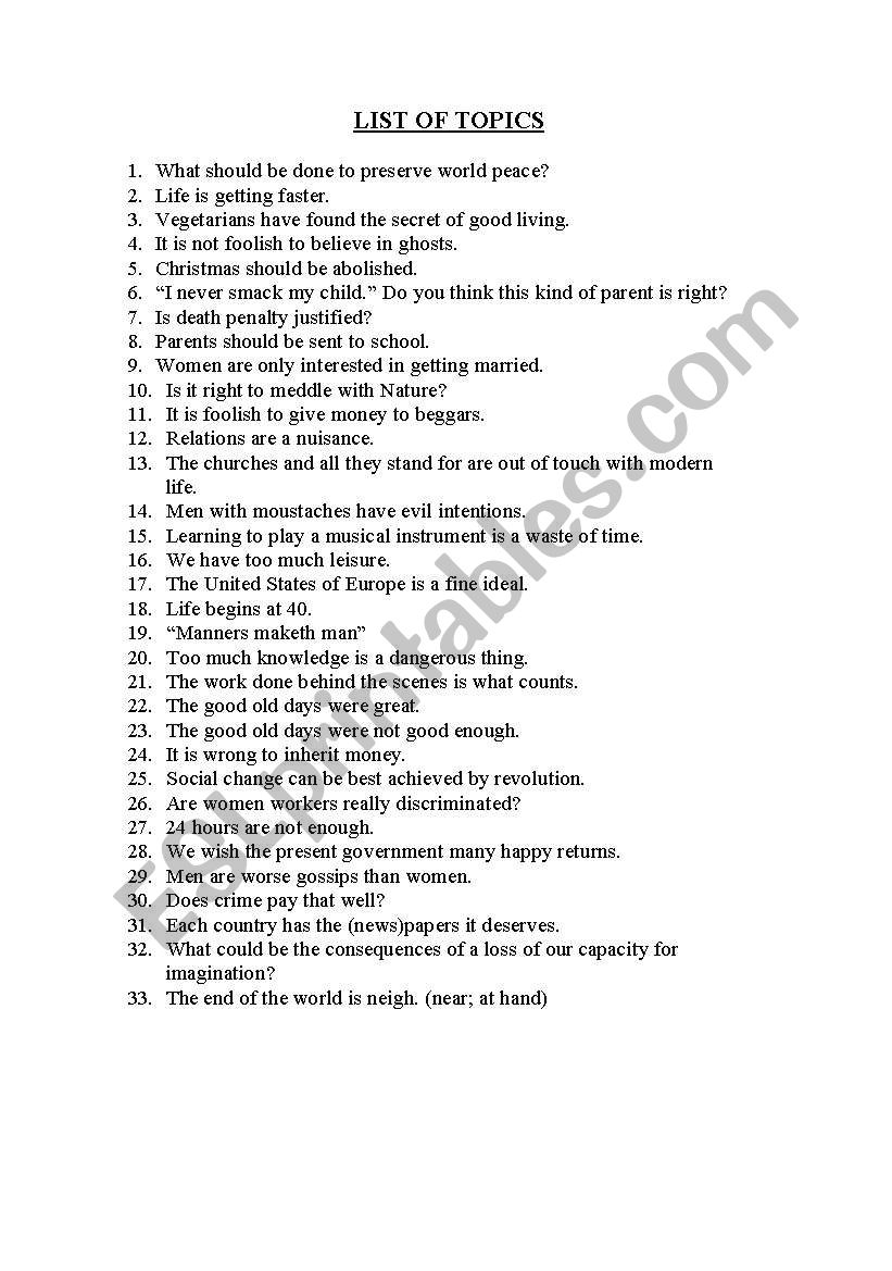 TOPICS LIST worksheet