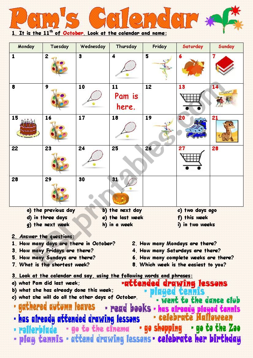 Pams Calendar worksheet