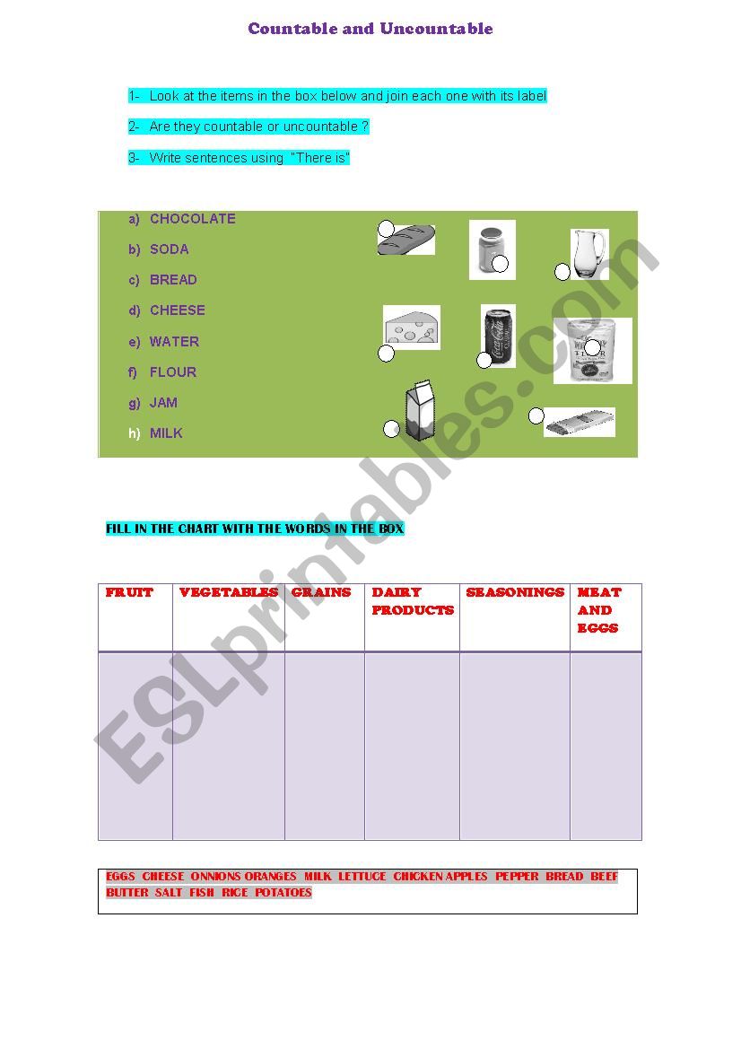 COUNTABLE vs UNCOUNTABLE worksheet