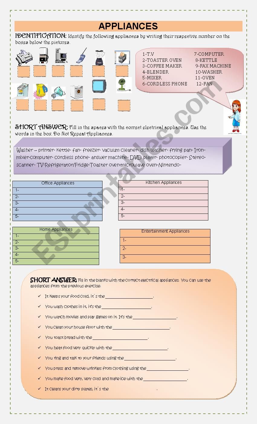 Appliances worksheet