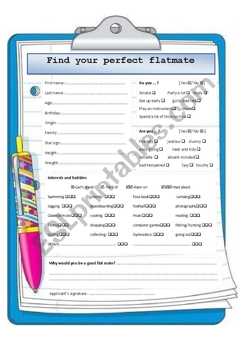 Find the perfect flat mate worksheet