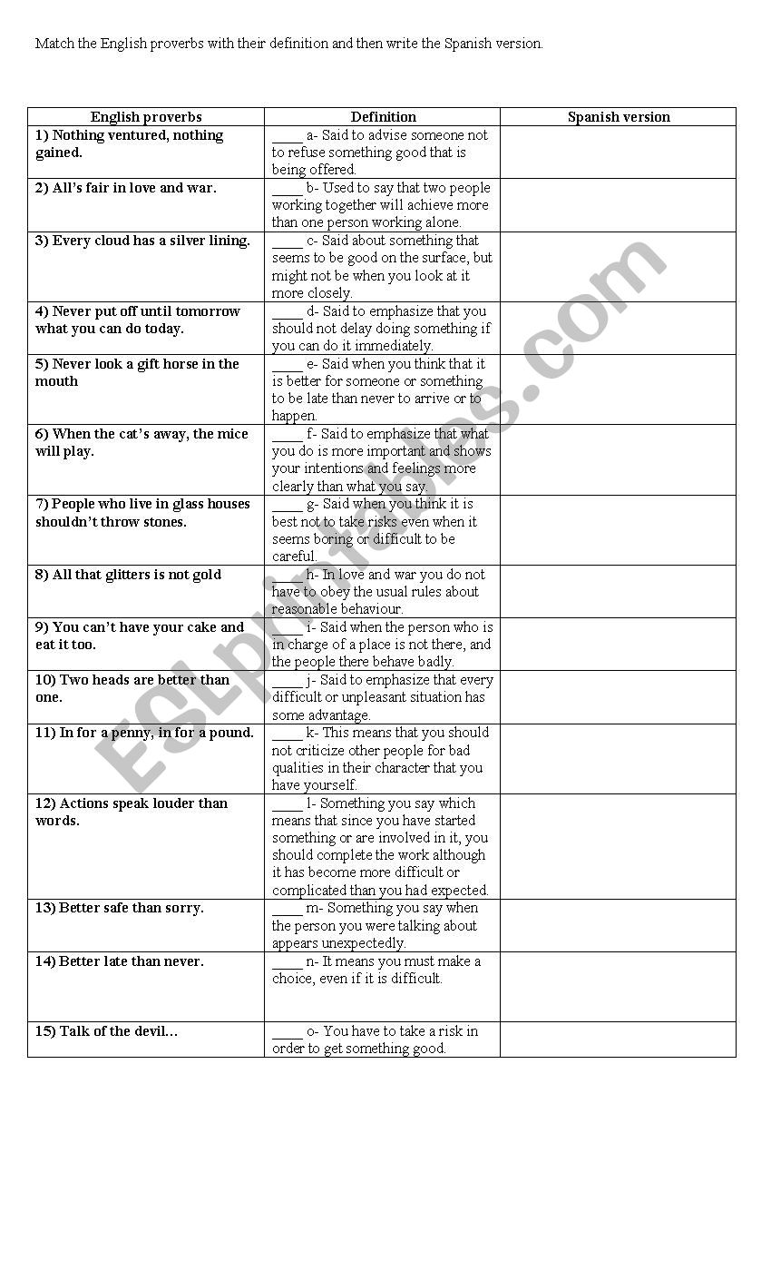 English proverbs worksheet