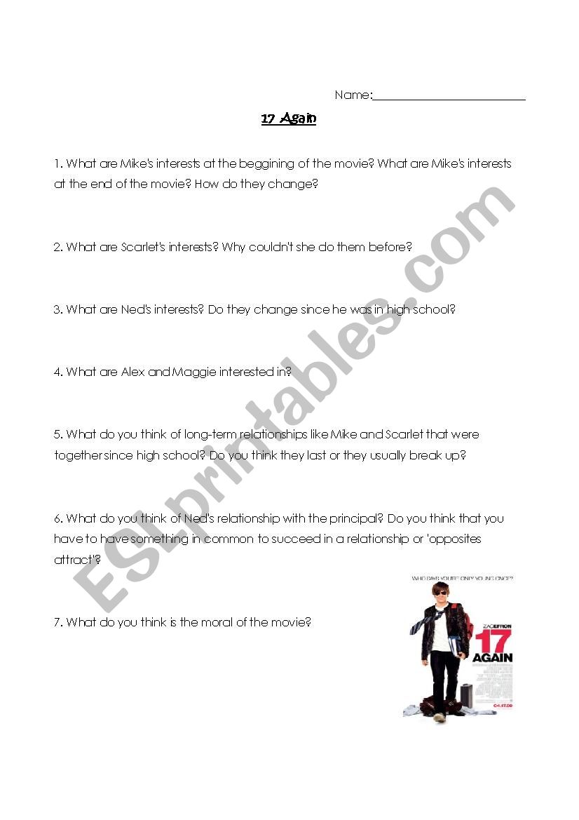 17 Again Questionnaire worksheet