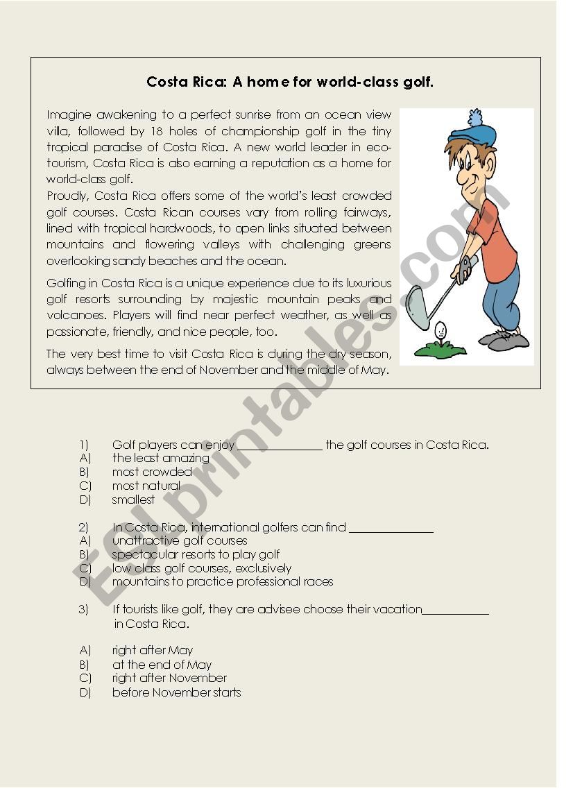 sports, golf. costa rica.  worksheet