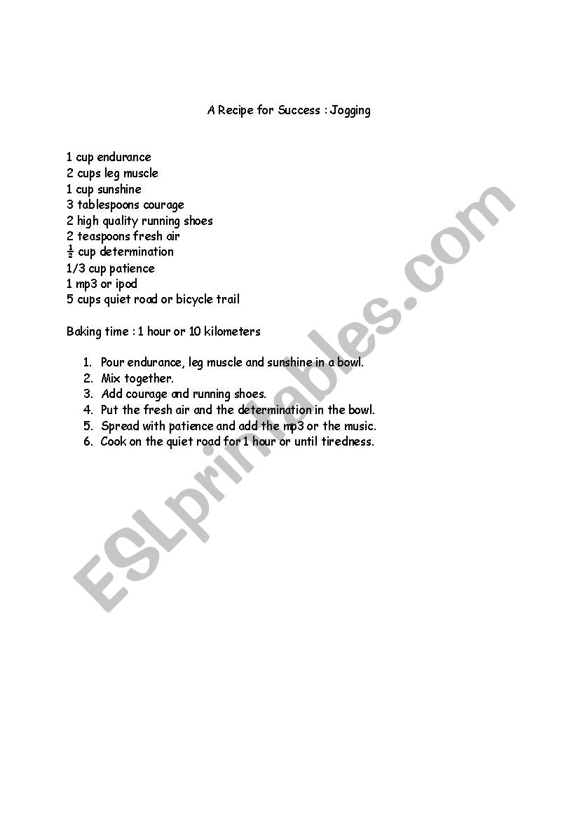 Recipe for success worksheet