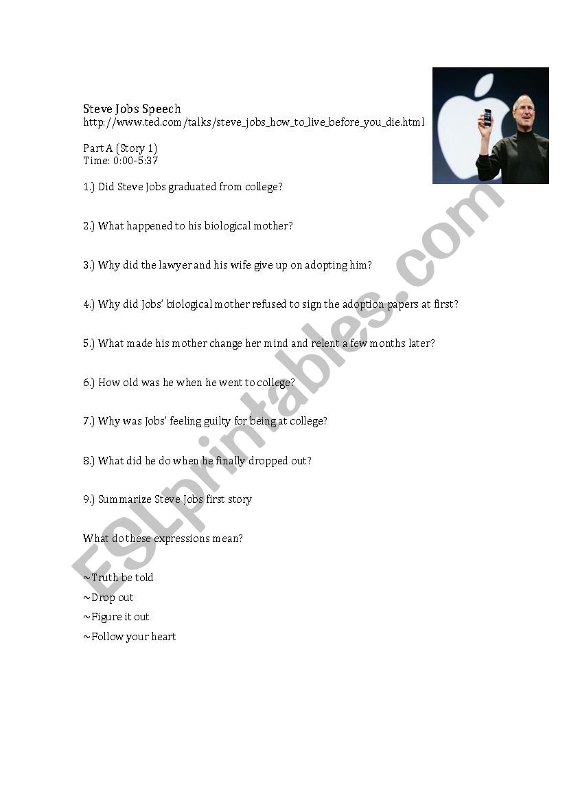 Steve Jobs Speech Acitivity worksheet