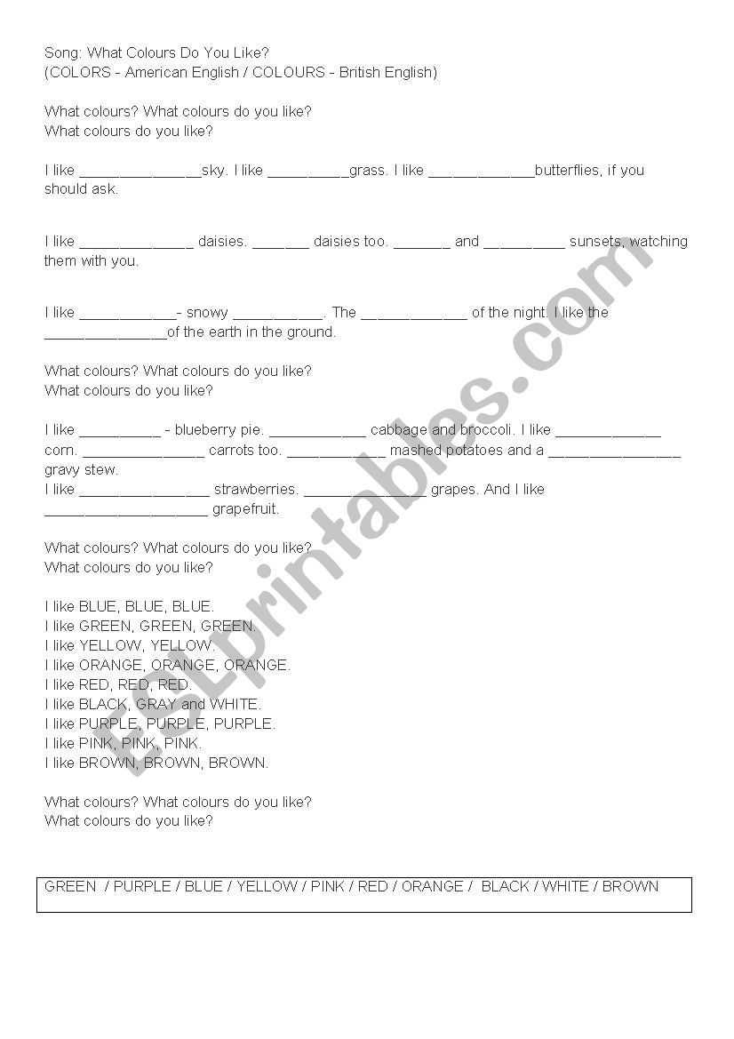Fill the gaps. Colours worksheet