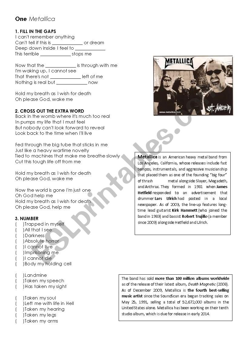 One by Metallica worksheet