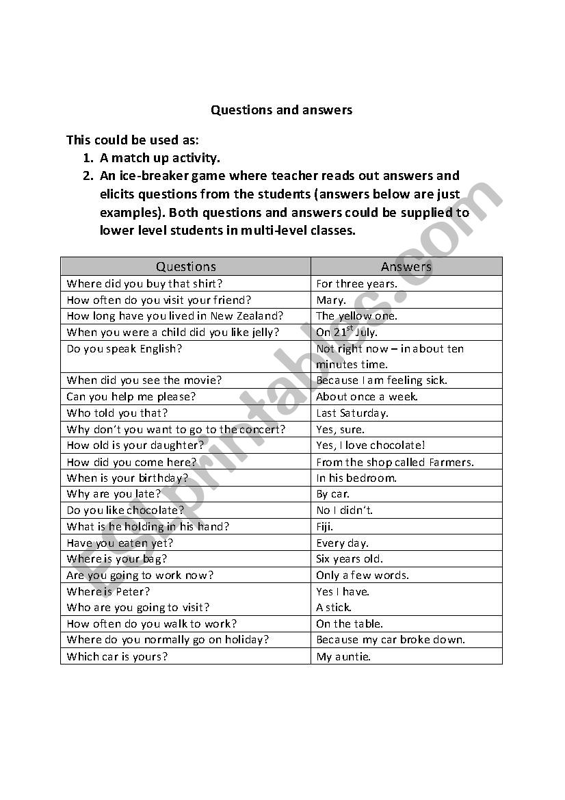 Questions and Answers worksheet