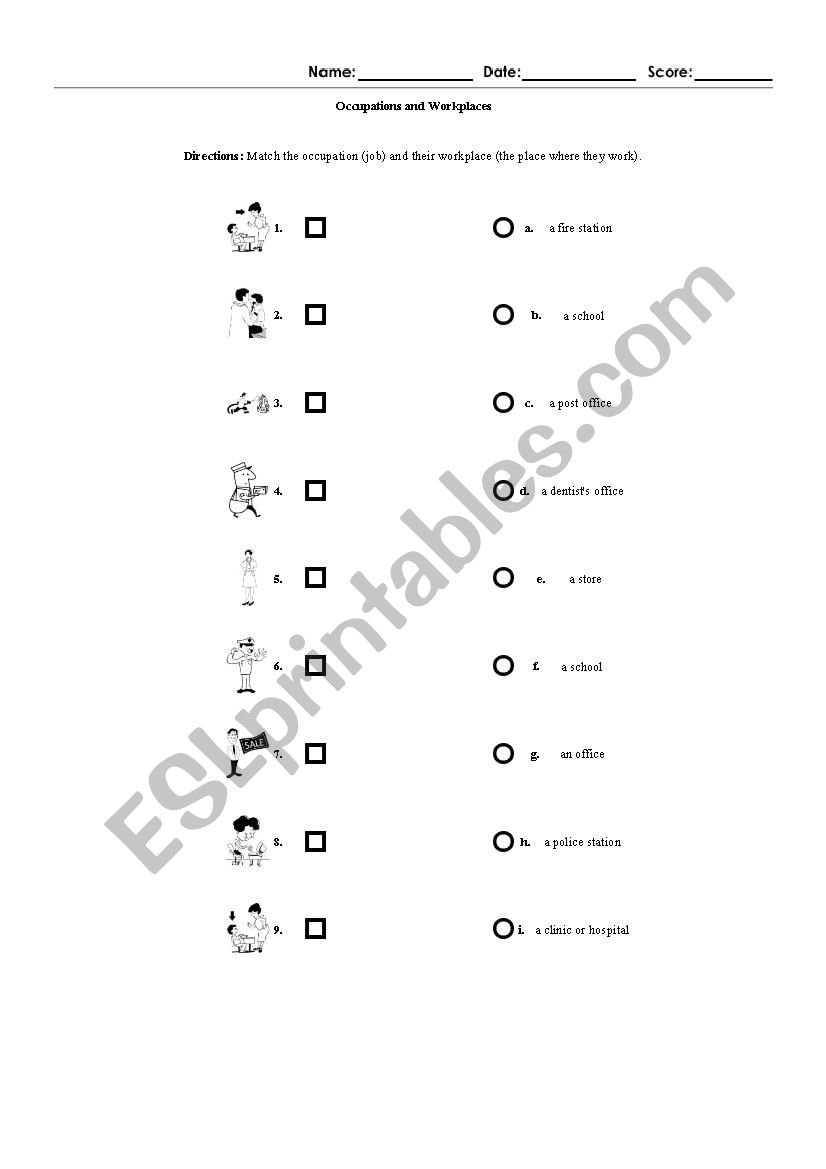 places of occupations worksheet