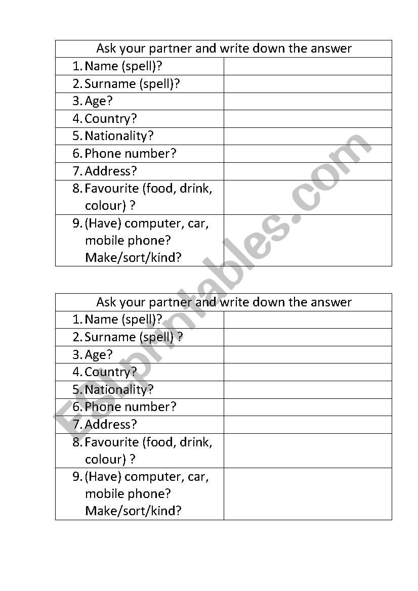 Personal Questions worksheet