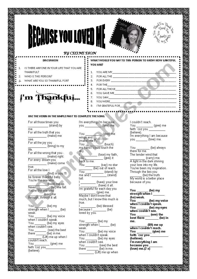 Becase you loved me worksheet