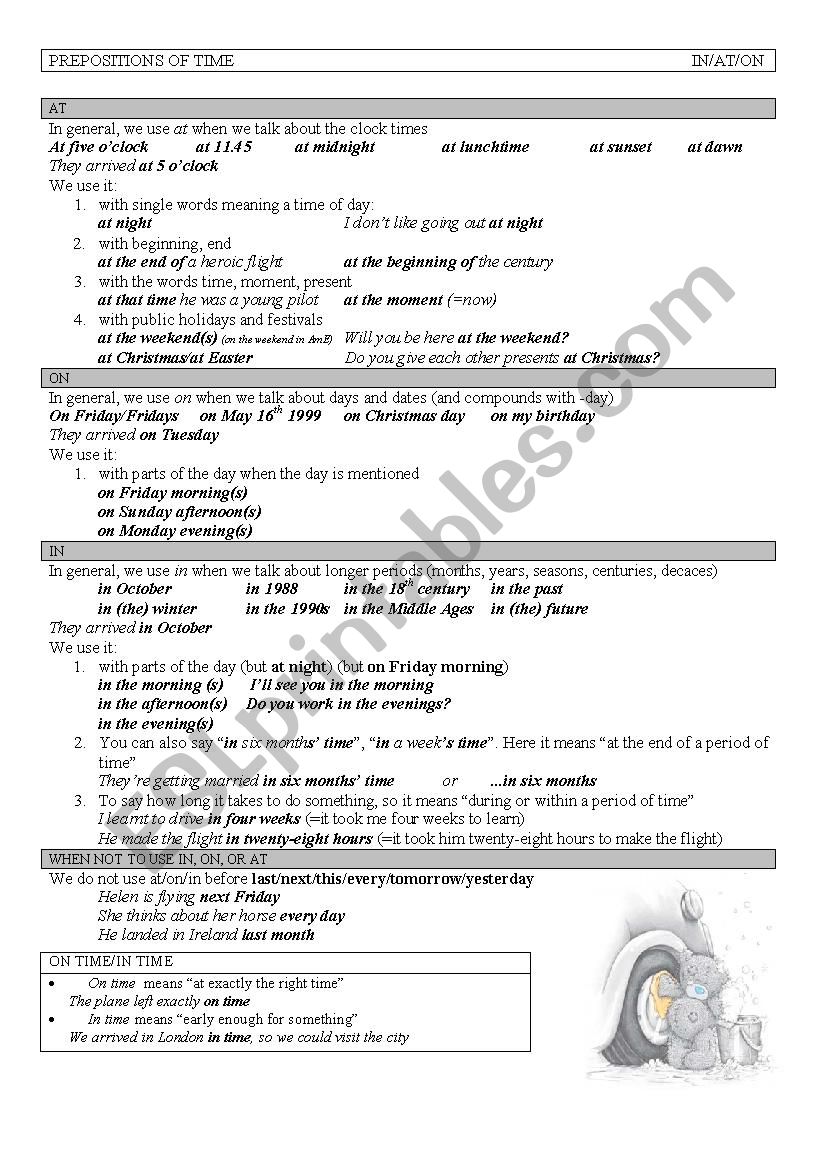 Prepositions of Time IN/AT/ON worksheet