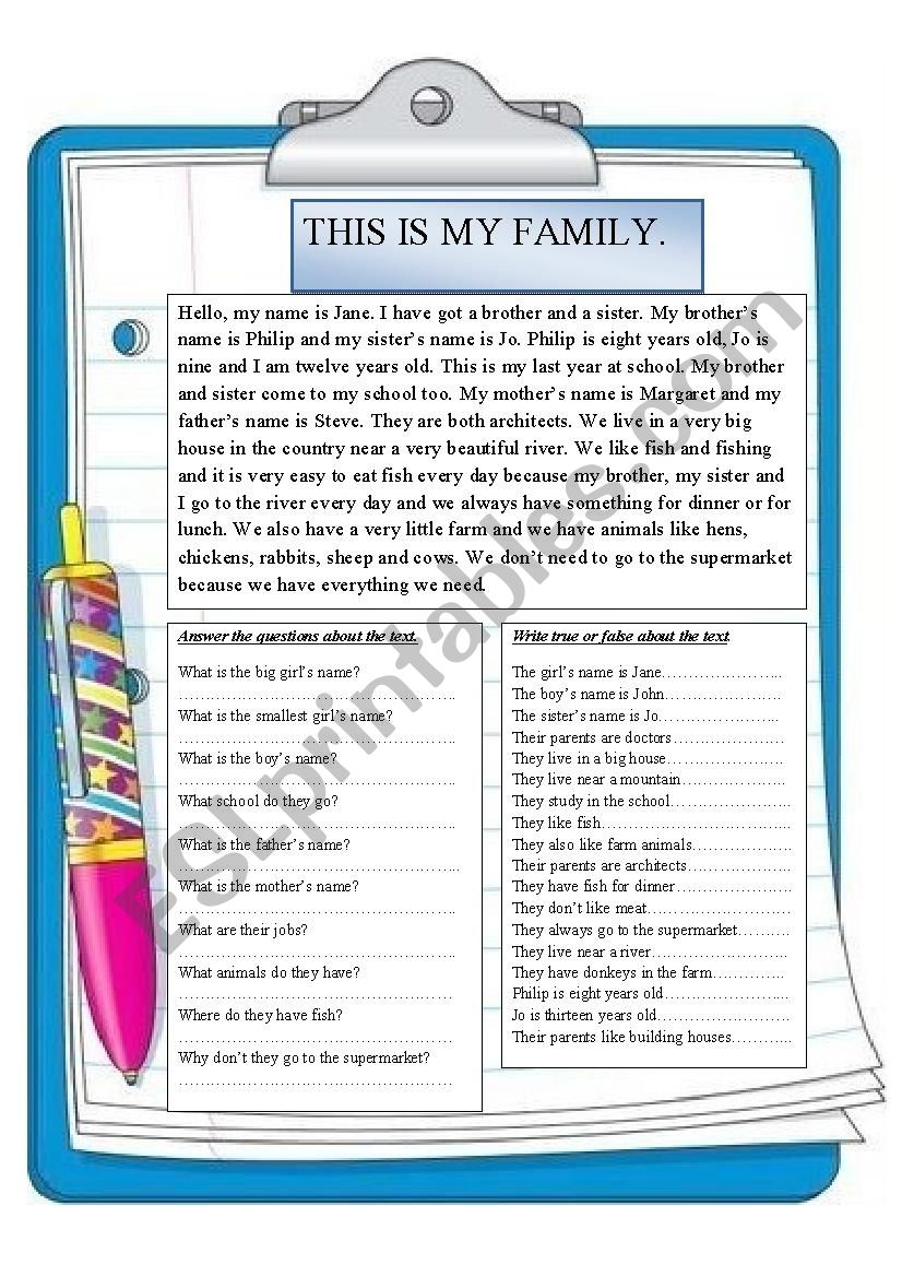 Reading. This is my family. worksheet