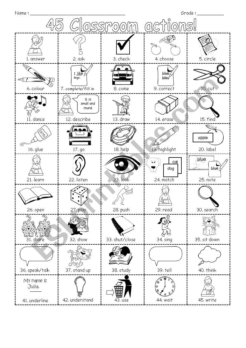 Reference Sheet: Classroom Actions