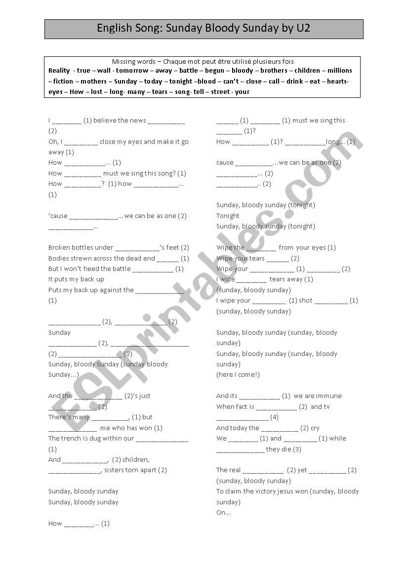 Song U2 Bloody Sunday worksheet