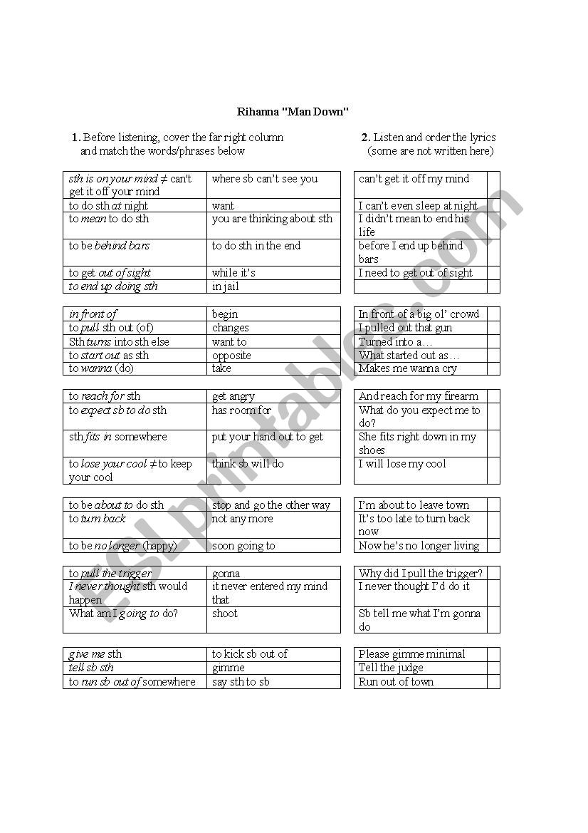 Man Down by Rihanna worksheet