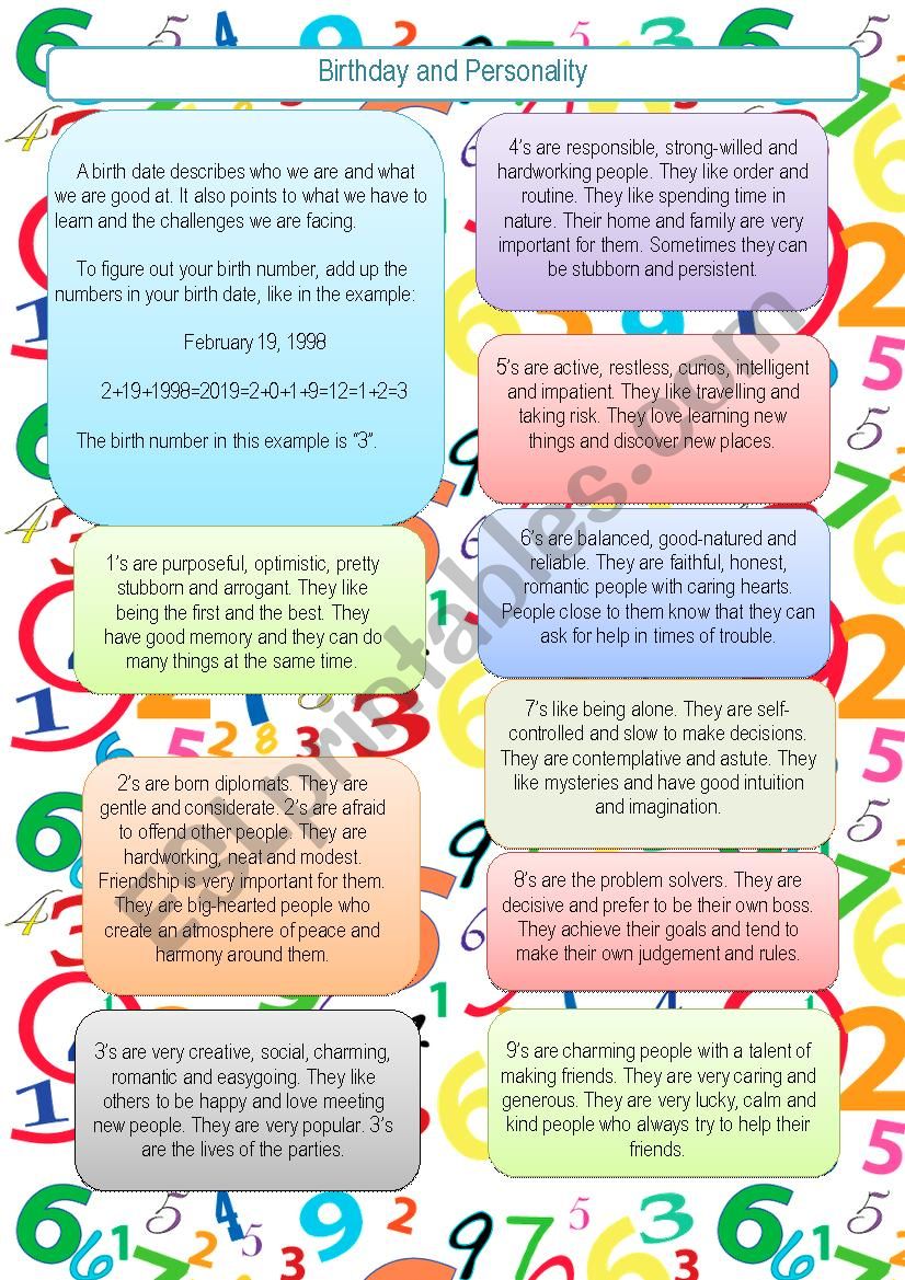 Birthday and Personality worksheet
