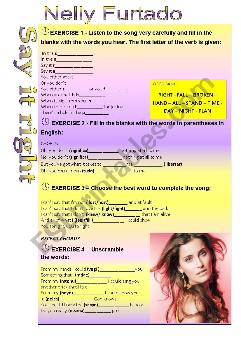 Say it right Nelly Furtado worksheet