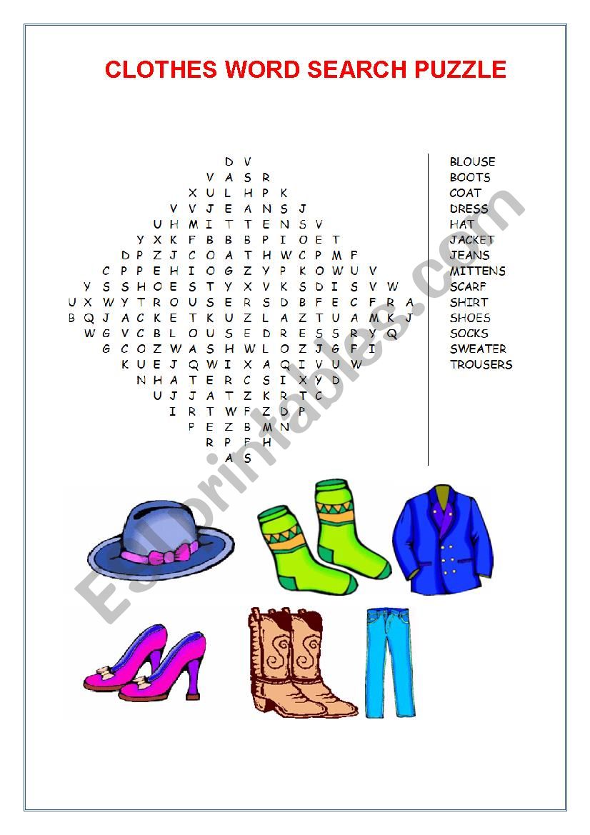 Clothes Word Search Puzzle worksheet