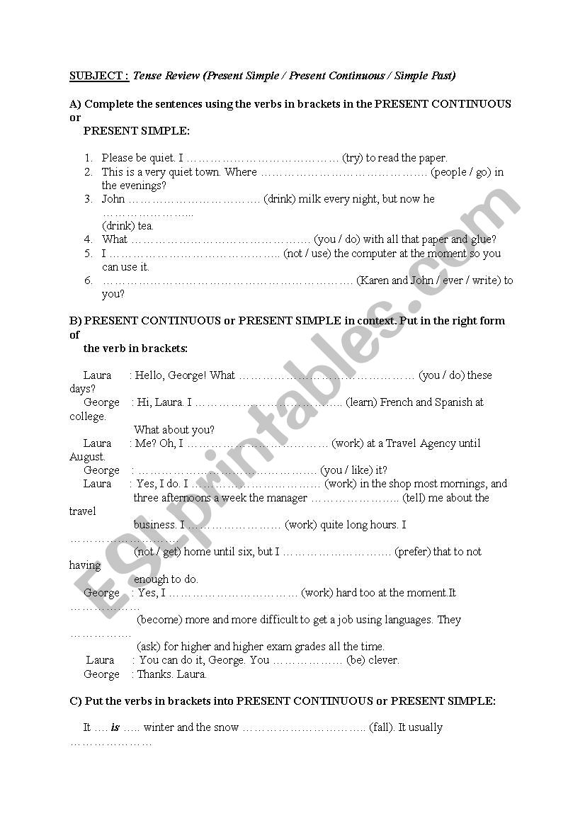 tense revision worksheet