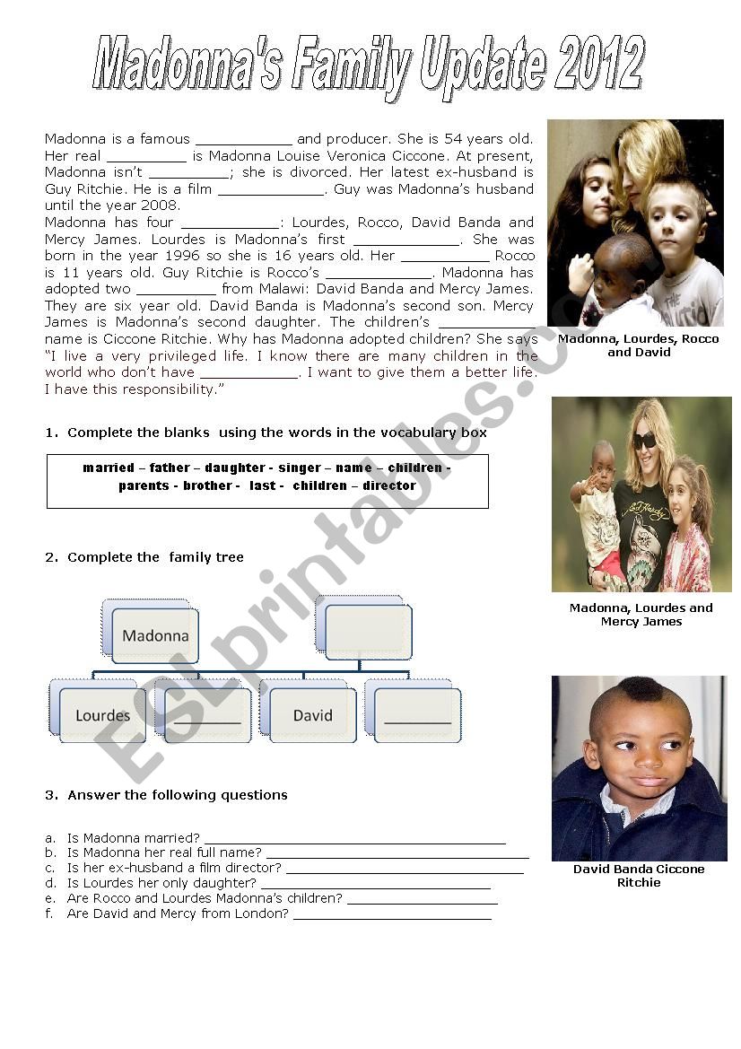 Madonnas Family Update 2012 worksheet