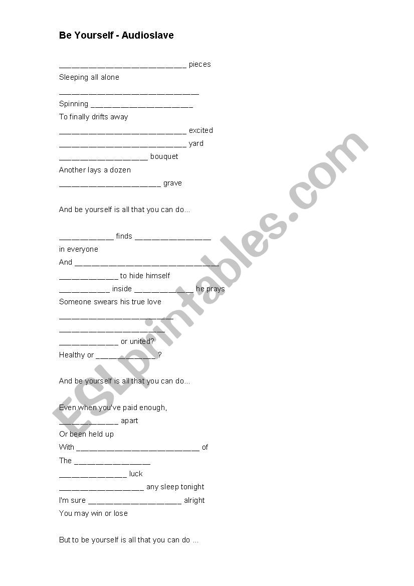 Be Yourself Audioslave worksheet