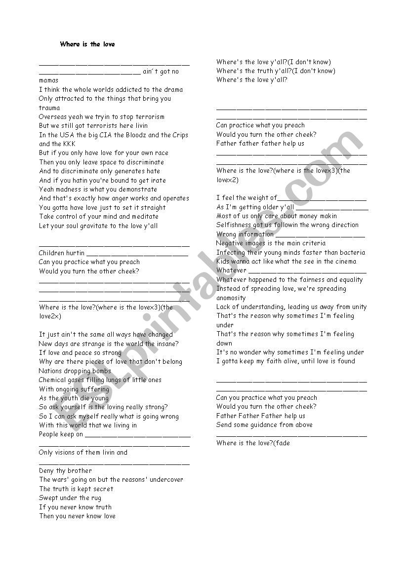 Song where is the love worksheet