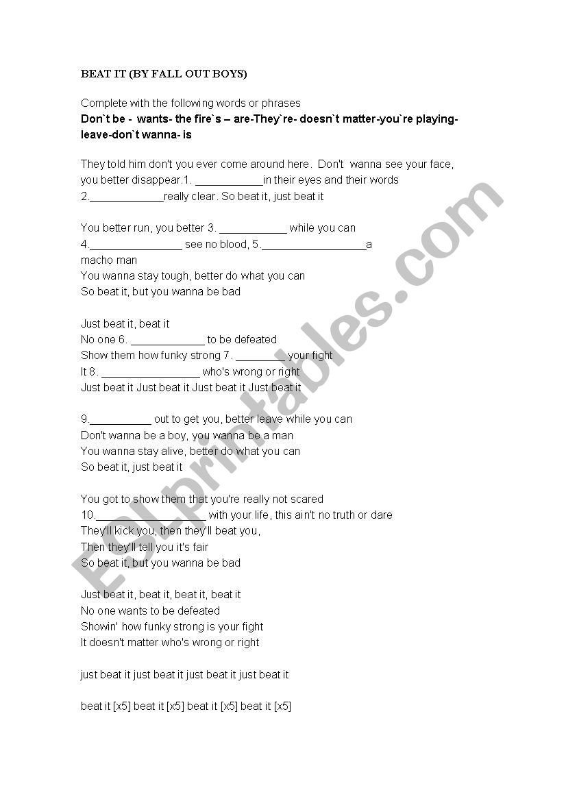 Beat it song worksheet