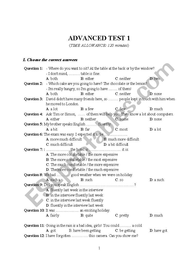 HIGHLY ADVANCED TEST 1 worksheet