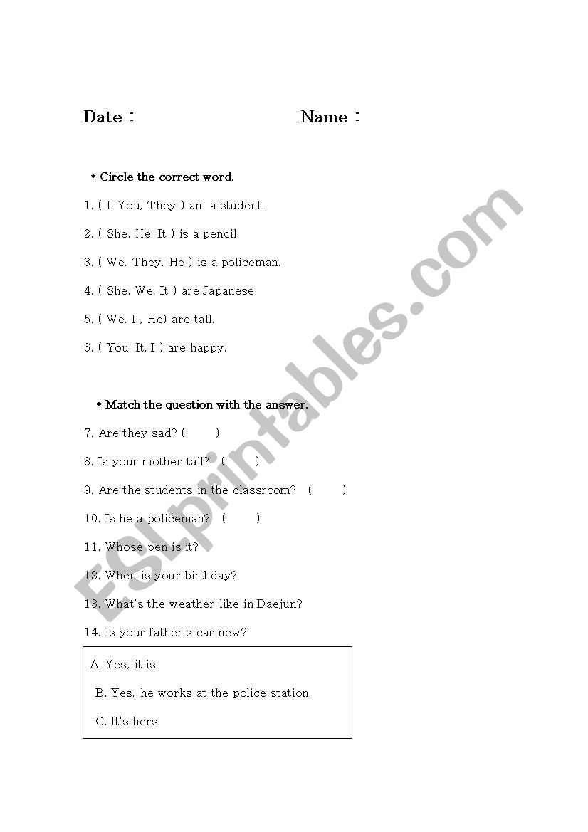 Be-verb grammar test worksheet