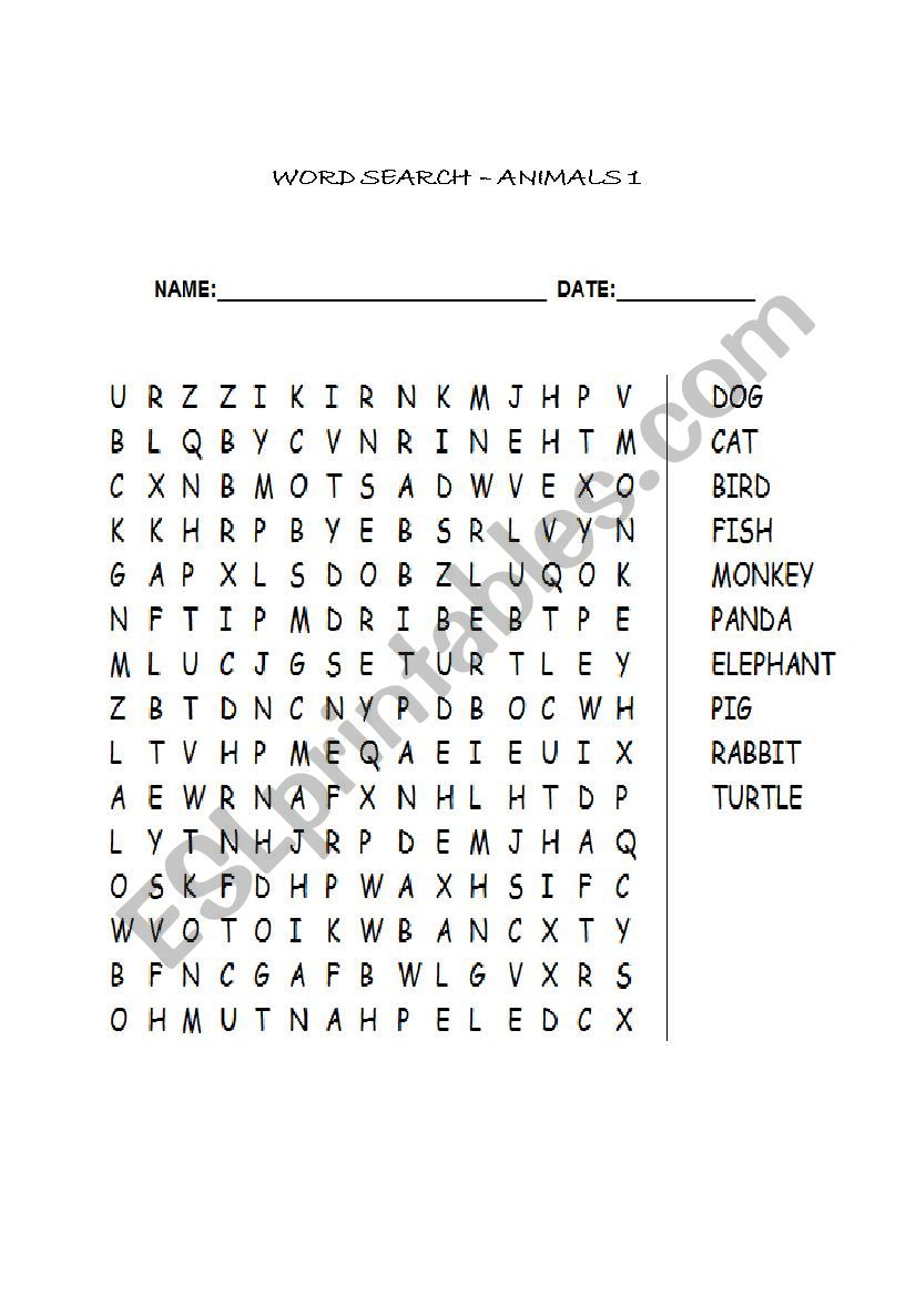 Animal word search worksheet