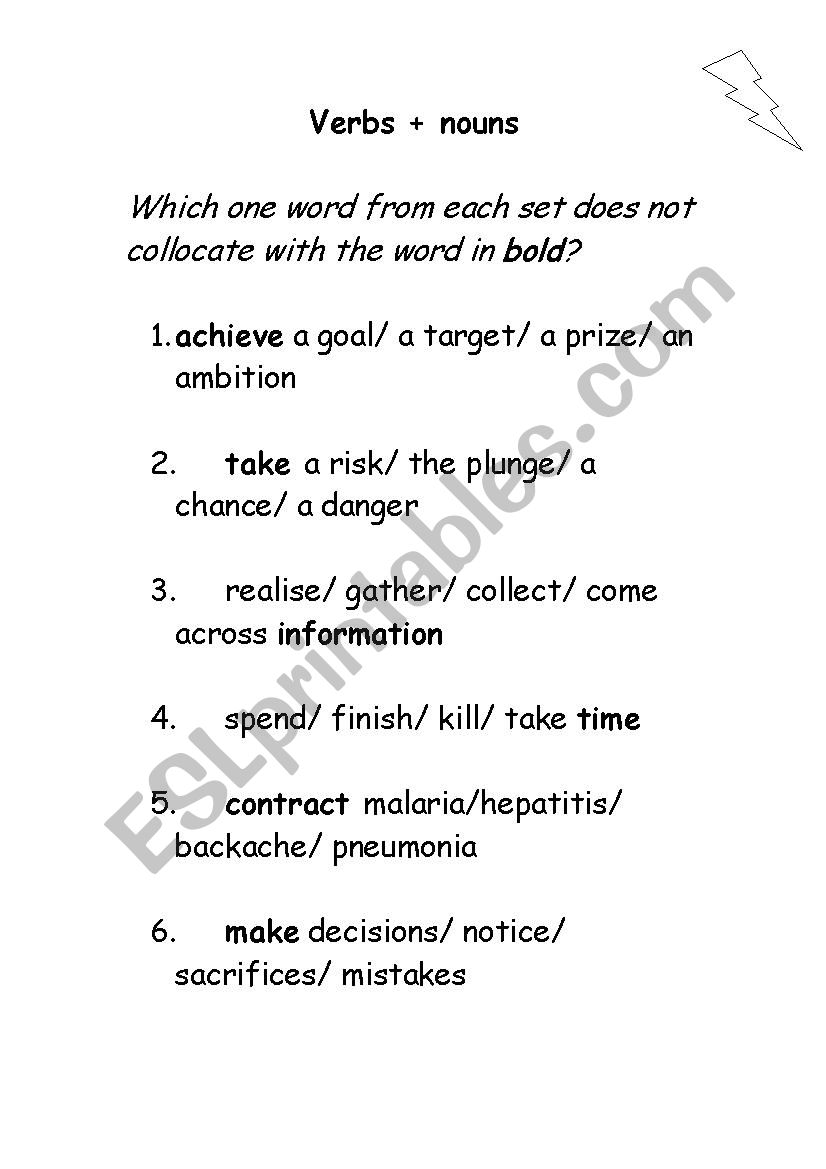 Verb and noun collocation worksheet