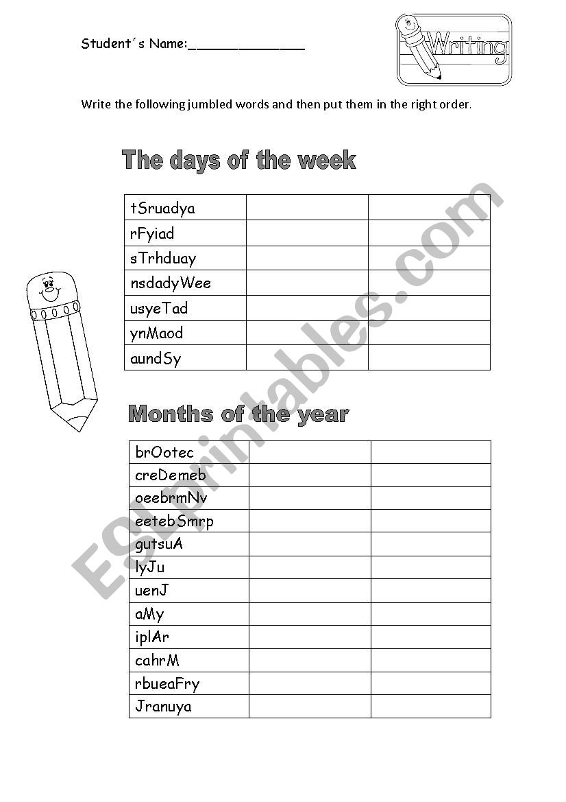 Days and months worksheet