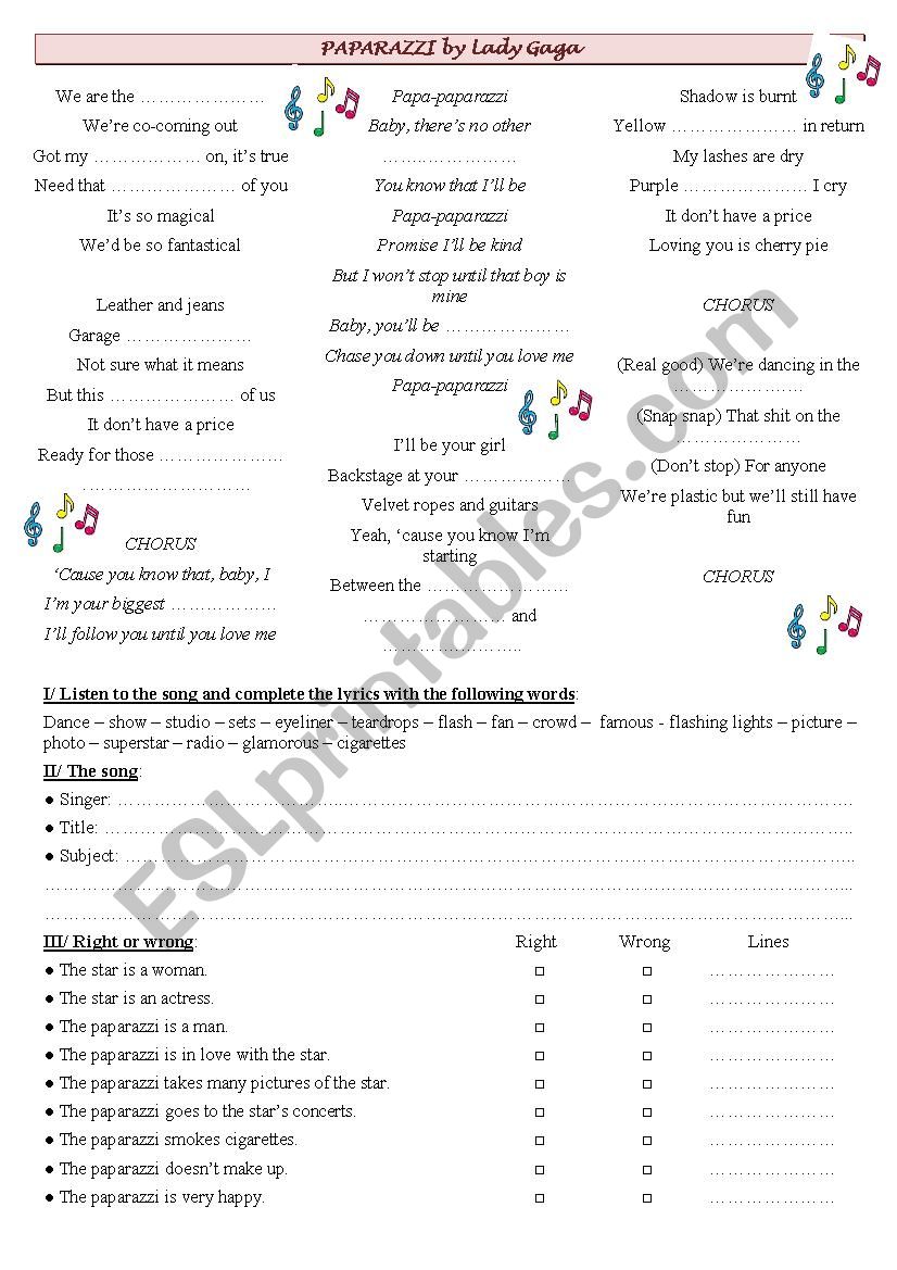 Lady Gaga Paparazzi worksheet