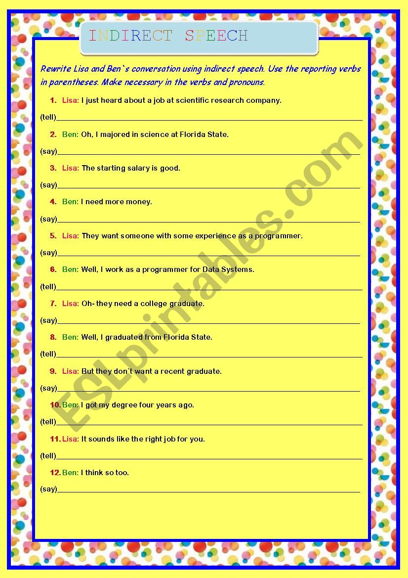 Indirect Speech worksheet