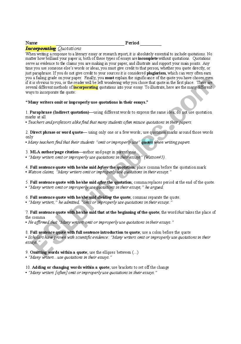 Incorporating Quotations worksheet