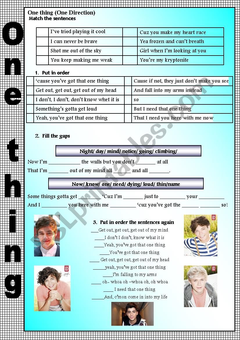 one thing (one direction) worksheet