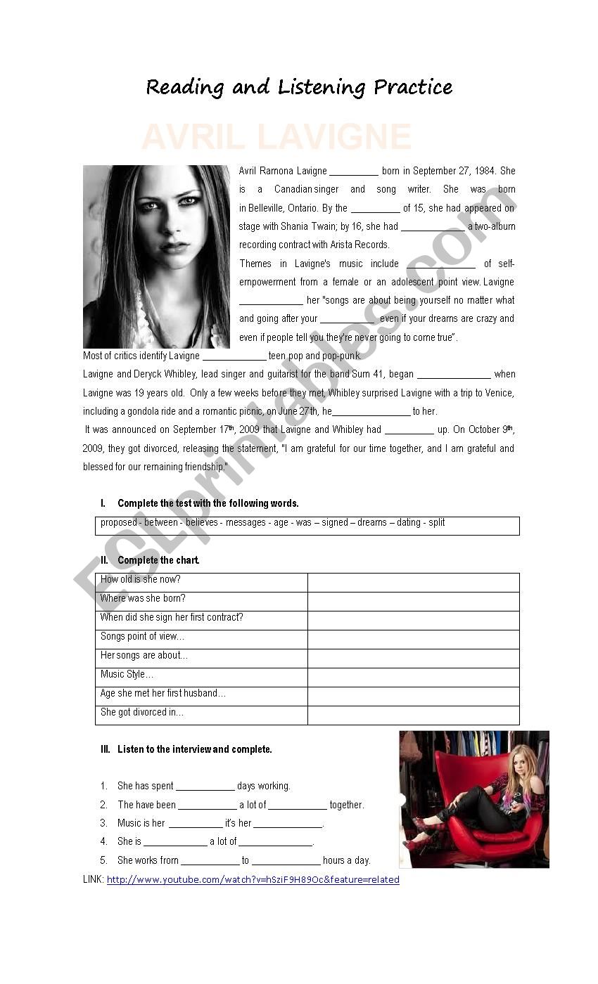 Reading and Listening Activity Avril Lavigne