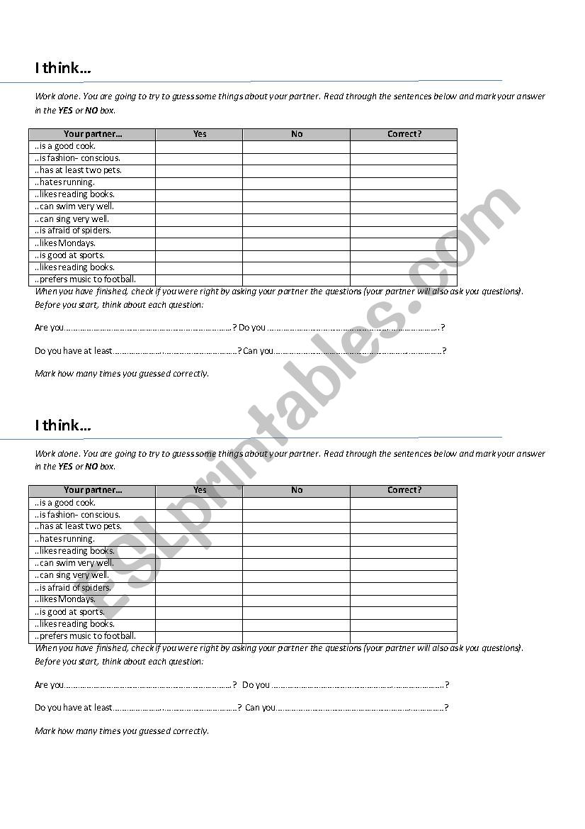 Personal information worksheet