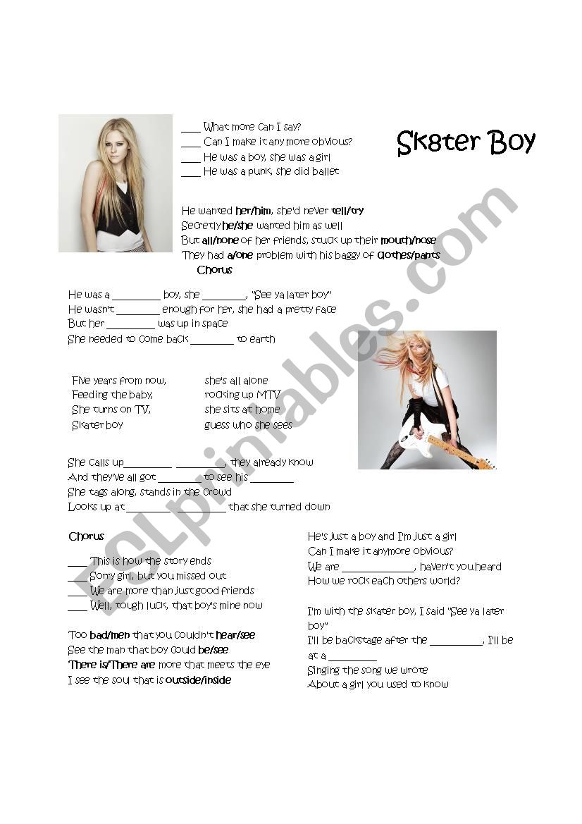 Sk8ter Boy worksheet