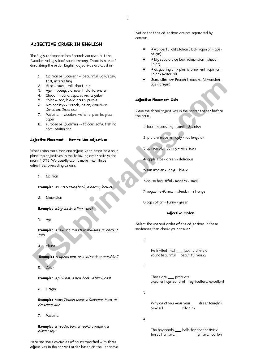 adjective order in English worksheet